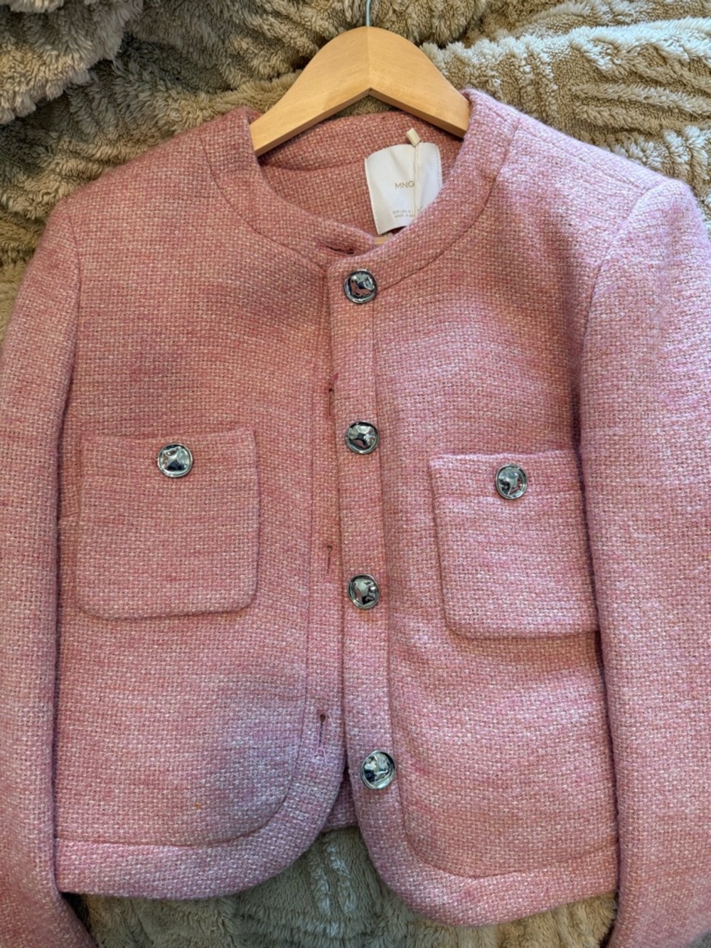 Mango (M) Pink Tweed Button Front Jacket